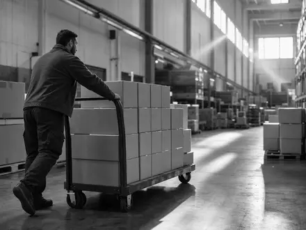 Schwarzweiß-Reportagefoto dokumentiert McKesson Corporation ISIN US58155Q1031 im täglichen Logistikbetrieb mit Arbeiter im Pharma-Vertriebslager - Foto: THN