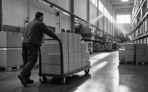 Schwarzweiß-Reportagefoto dokumentiert McKesson Corporation ISIN US58155Q1031 im täglichen Logistikbetrieb mit Arbeiter im Pharma-Vertriebslager - Foto: THN