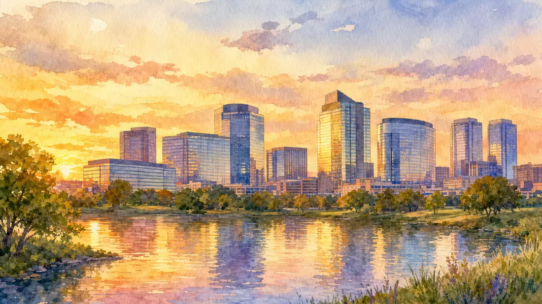 Aquarellbild einer Skyline mit Bürotürmen am Fluss im Sonnenuntergangslicht