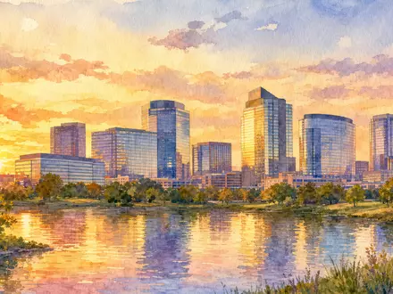 Aquarellmalerei zeigt eine Stadtsilhouette am Firmensitz-Standort von McKesson Corporation ISIN US58155Q1031 bei warmem Sonnenuntergangslicht heute - Foto: THN