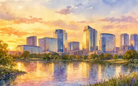Aquarellmalerei zeigt eine Stadtsilhouette am Firmensitz-Standort von McKesson Corporation ISIN US58155Q1031 bei warmem Sonnenuntergangslicht heute - Foto: THN