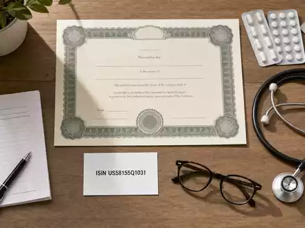Flatlay-Arrangement mit Aktienzertifikat und ISIN-Karte US58155Q1031 illustriert eine Investition in McKesson Corporation im Gesundheitswesen heute - Foto: THN