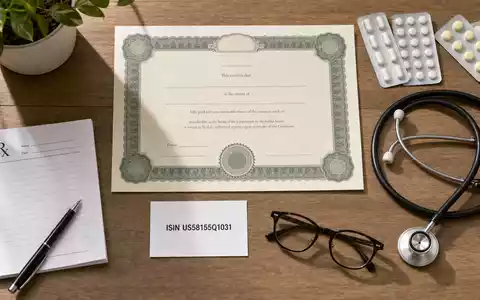 Flatlay-Arrangement mit Aktienzertifikat und ISIN-Karte US58155Q1031 illustriert eine Investition in McKesson Corporation im Gesundheitswesen heute - Foto: THN