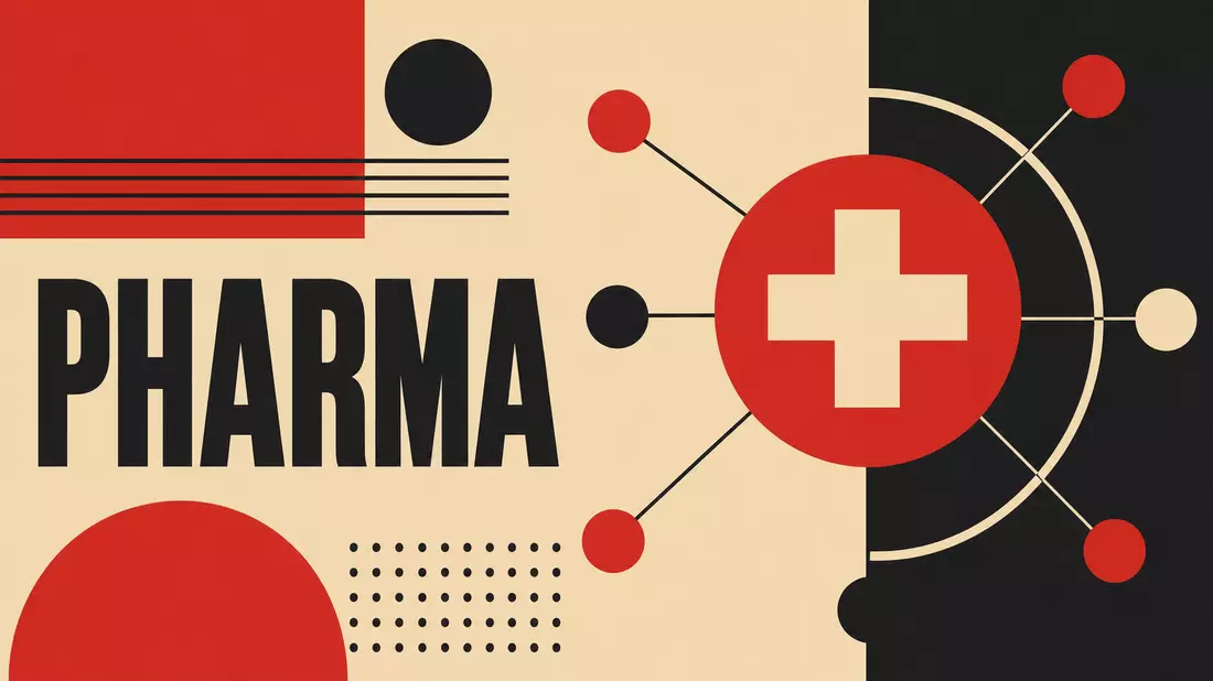 Geometrisches Bauhaus-Plakat mit rotem Kreuz-Symbol und Wort PHARMA