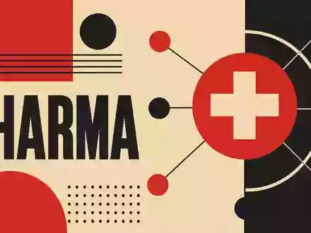 Bauhaus-Poster mit geometrischen Formen und Schriftzug PHARMA repräsentiert die Branche von McKesson Corporation ISIN US58155Q1031 - Foto: THN
