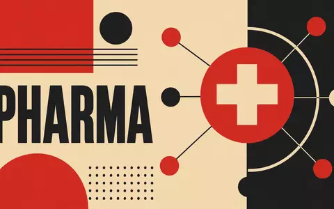 Bauhaus-Poster mit geometrischen Formen und Schriftzug PHARMA repräsentiert die Branche von McKesson Corporation ISIN US58155Q1031 - Foto: THN