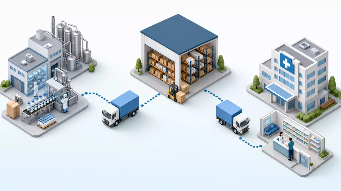 Isometrisches Diagramm zeigt Fabrik, Lager, Lastwagen und Apotheke in Lieferkette