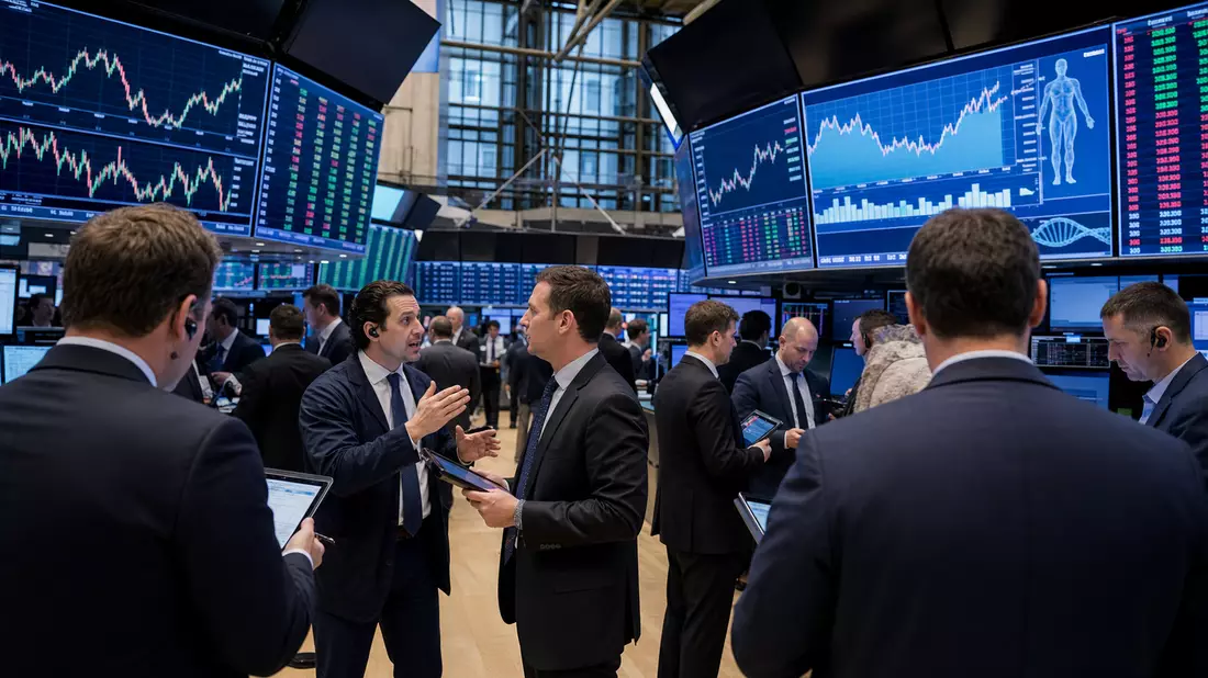 Trader auf Börsenparkett vor Bildschirmen mit Kurscharts und Gesundheitsdaten