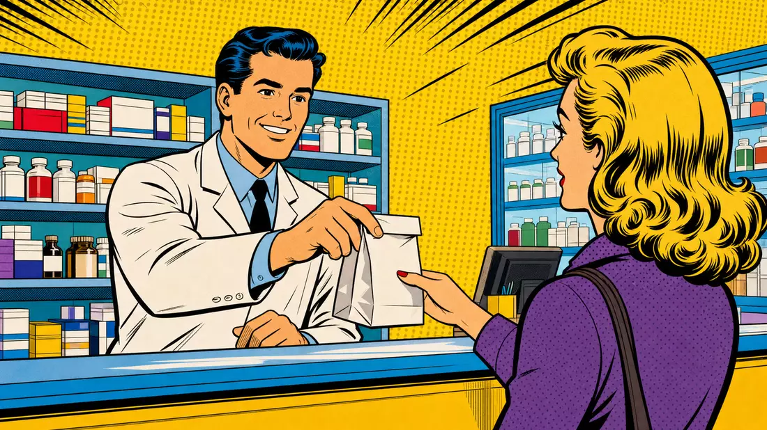 Comic-Illustration im Pop-Art-Stil zeigt Apotheker der Kundin eine Tüte überreicht