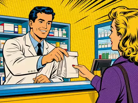Pop-Art-Comic-Szene einer ApothekenĂŒbergabe visualisiert farbenfroh das KerngeschĂ€ft von McKesson Corporation ISIN US58155Q1031 heiter und freundlich - Foto: THN