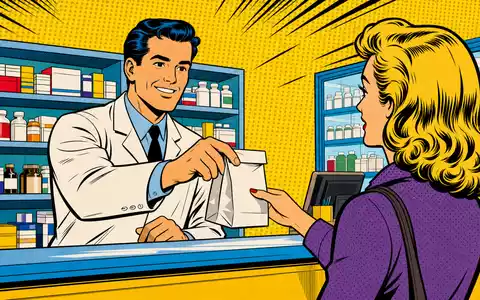 Pop-Art-Comic-Szene einer ApothekenĂŒbergabe visualisiert farbenfroh das KerngeschĂ€ft von McKesson Corporation ISIN US58155Q1031 heiter und freundlich - Foto: THN