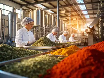 Fotorealistische Gewürzfabrik-Aufnahme veranschaulicht McCormick & Company (ISIN US5797802064) und dessen industrielle Konsumgüter-Produktion weltweit - Foto: THN
