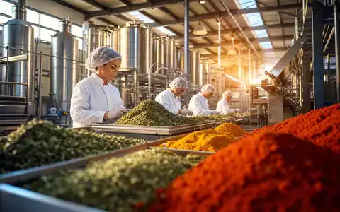 Fotorealistische Gewürzfabrik-Aufnahme veranschaulicht McCormick & Company (ISIN US5797802064) und dessen industrielle Konsumgüter-Produktion weltweit - Foto: THN
