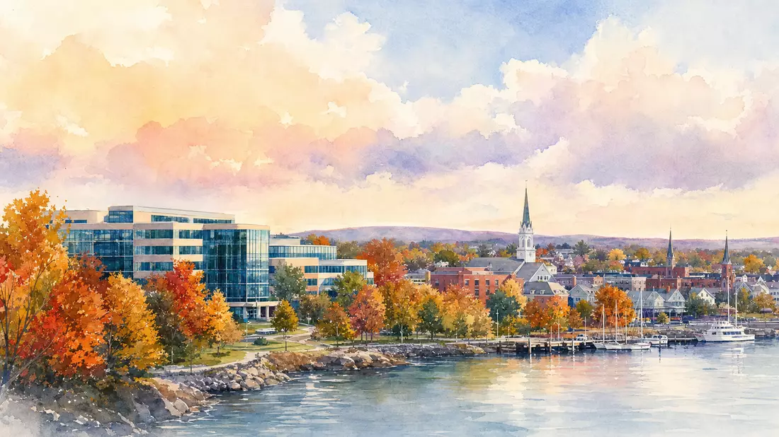Aquarellmalerei einer amerikanischen Küstenstadt mit modernem Bürogebäude im Herbst