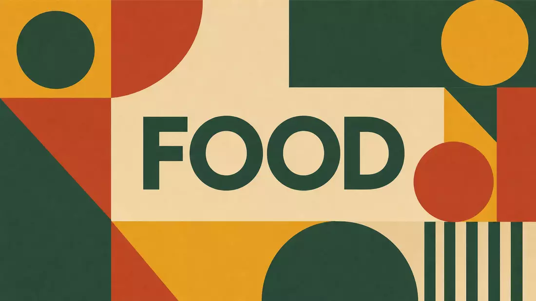 Bauhaus-Poster mit geometrischen Formen in Gewürzfarben und Schriftzug FOOD