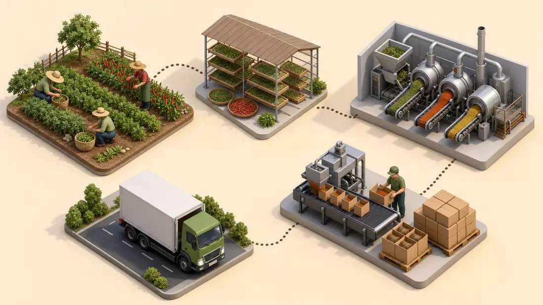 Isometrische 3D-Illustration der Gewürz-Lieferkette von Anbau bis Auslieferung