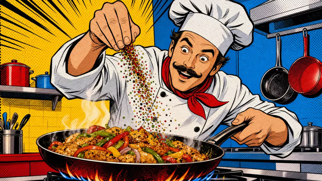Pop-Art-Comic-Illustration eines Kochs, der Gewürze über eine Pfanne streut
