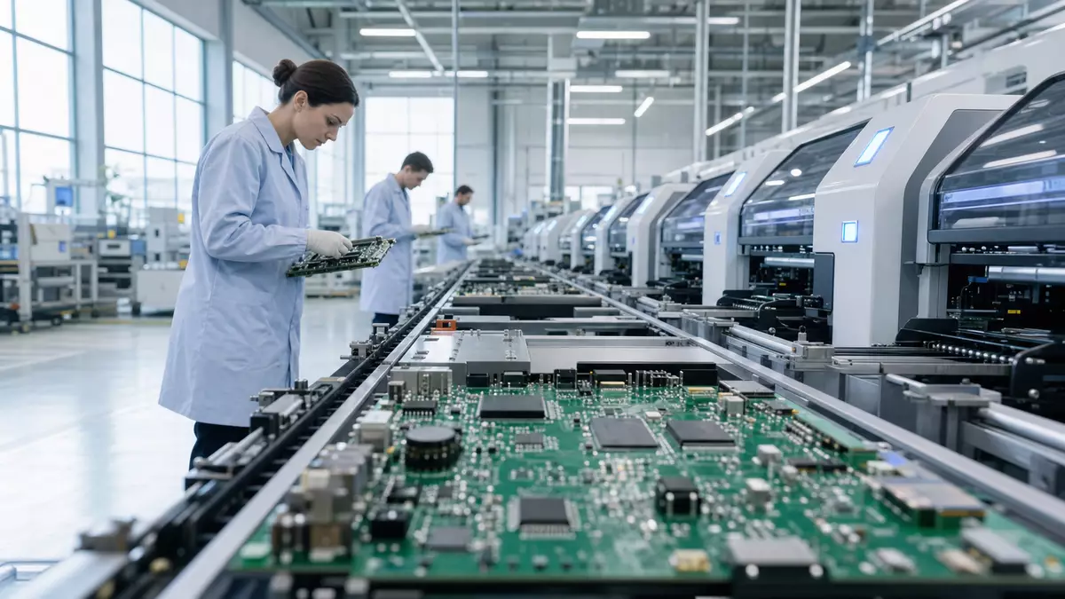 Fotorealistische Elektronikfertigung mit Technikern an Leiterplatten-Montagelinie