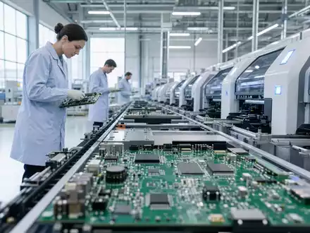 Kontron AG (DE0006053952) zeigt moderne Elektronikfertigung mit Technikern an automatisierter Leiterplatten-Produktionslinie im Reinraum - Foto: THN