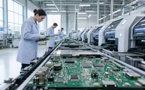 Kontron AG (DE0006053952) zeigt moderne Elektronikfertigung mit Technikern an automatisierter Leiterplatten-Produktionslinie im Reinraum - Foto: THN