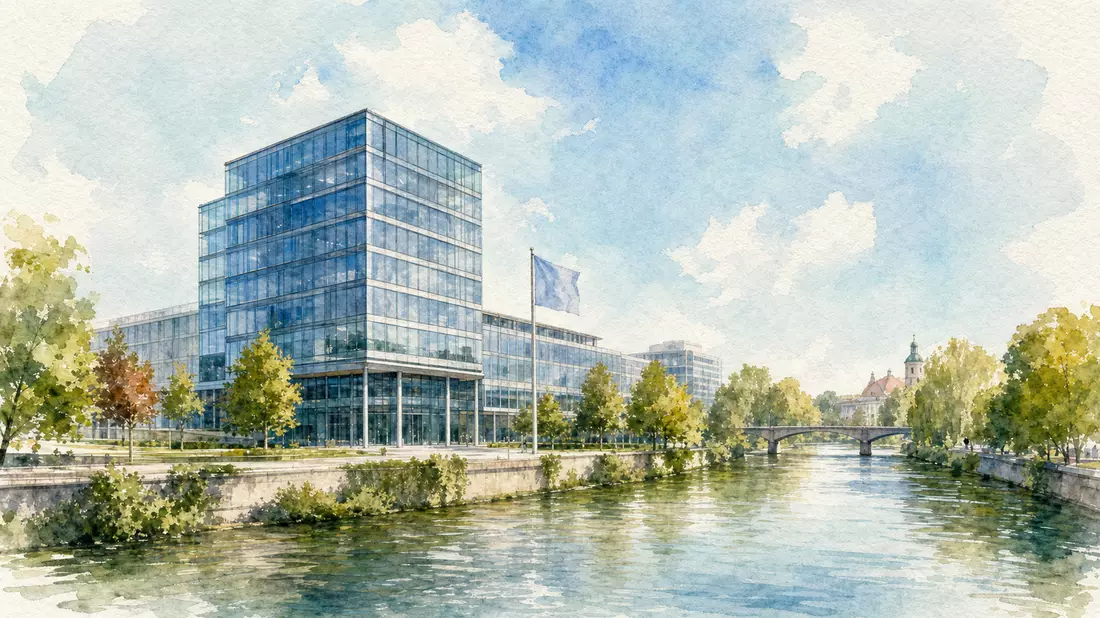 Aquarellmalerei eines modernen Bürogebäudes am Fluss mit Bäumen und Brücke