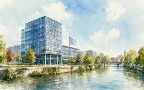 Kontron AG (DE0006053952) präsentiert eine Aquarell-Illustration eines modernen Firmensitzes an einem ruhigen Flussufer - Foto: THN