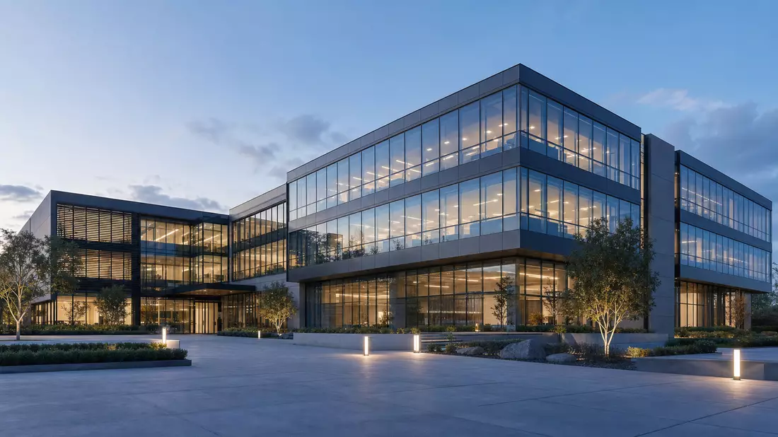 Architektur-Render eines modernen Glasgebäudes mit beleuchteten Fenstern am Abend