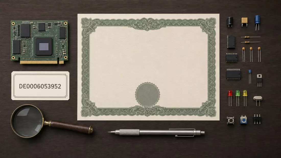Flatlay-Foto mit Aktienzertifikat, ISIN-Karte, Platine und Elektronikkomponenten