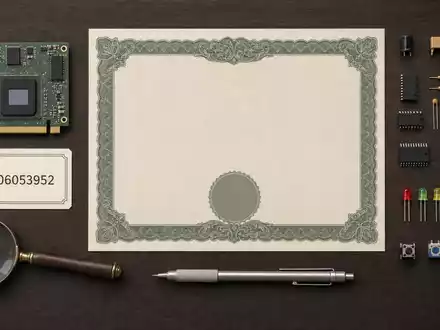 Kontron AG (DE0006053952) illustriert ein Flatlay-Arrangement mit Aktienzertifikat, ISIN-Karte und Elektronikbauteilen auf Holztisch - Foto: THN