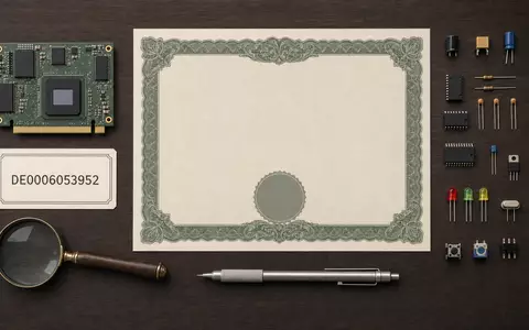 Kontron AG (DE0006053952) illustriert ein Flatlay-Arrangement mit Aktienzertifikat, ISIN-Karte und Elektronikbauteilen auf Holztisch - Foto: THN
