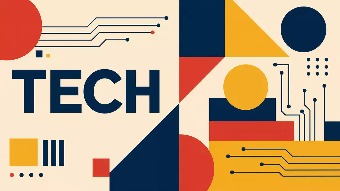 Bauhaus-Poster mit geometrischen Formen und der Aufschrift TECH in kräftigen Farben