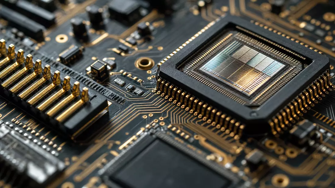 Makrofoto einer Platine mit goldenen Pins, Mikrochip und Kupferleiterbahnen