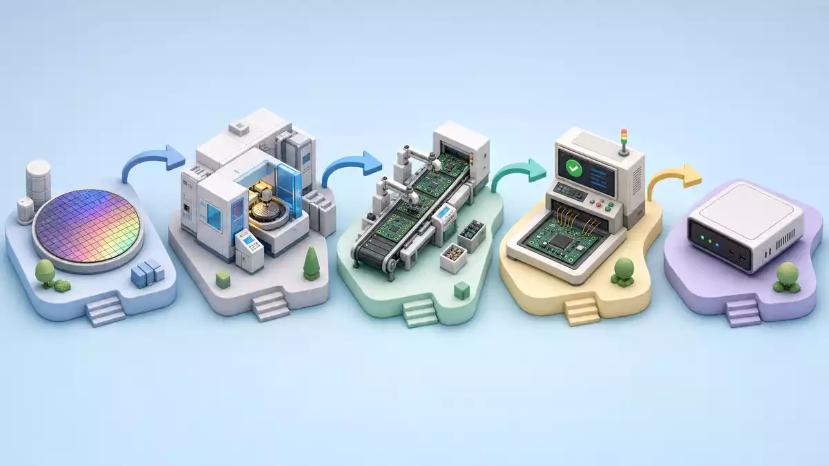 Isometrische 3D-Grafik einer Elektronik-Wertschöpfungskette mit fünf Prozessschritten