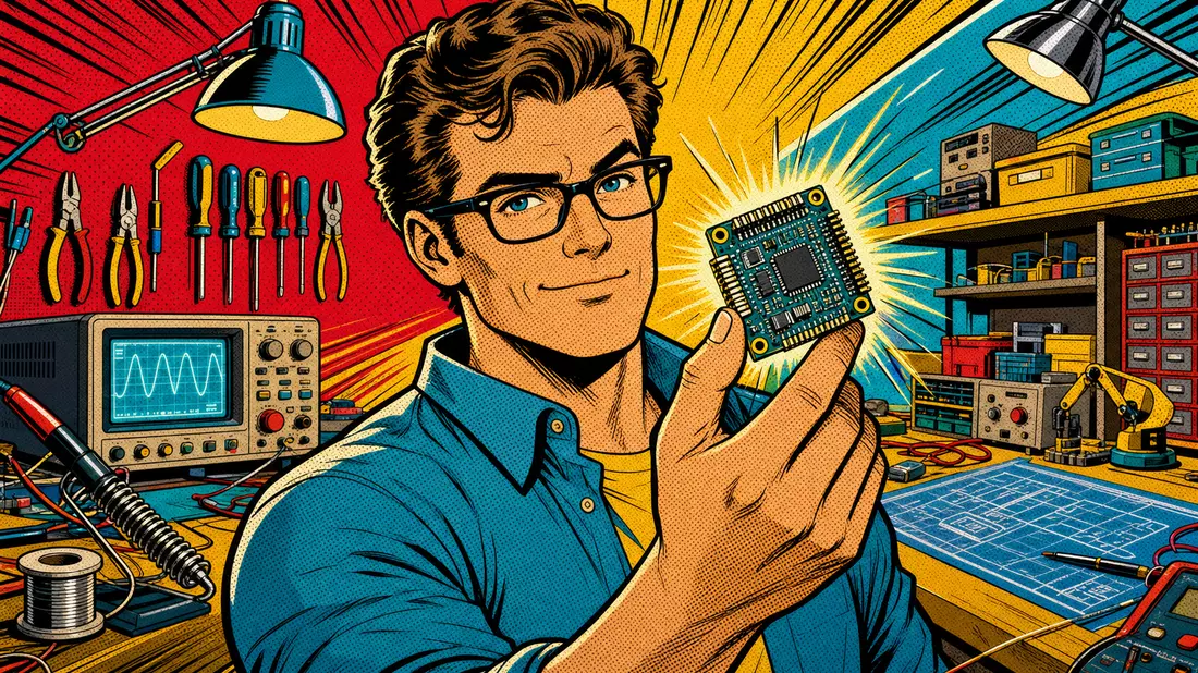 Pop-Art-Comic eines Ingenieurs mit leuchtender Platine in bunter Werkstatt