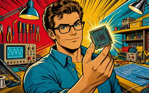 Kontron AG (DE0006053952) wird als farbenfrohe Pop-Art-Comic-Szene mit Ingenieur und leuchtendem Schaltkreismodul dargestellt - Foto: THN