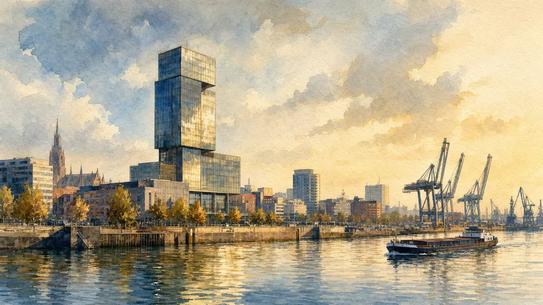 Aquarellmalerei einer Industriestadt am Fluss, Symbolbild für Klöckner & Co (DE000KC01000)