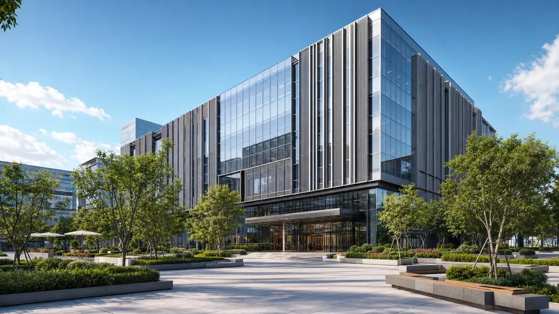 3D-Architekturrender eines modernen Bürogebäudes, Symbolbild für Klöckner & Co (DE000KC01000)