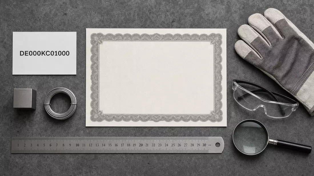 Flatlay mit Zertifikat und ISIN-Karte, Symbolbild für eine Aktienanlage in Klöckner & Co (DE000KC01000)