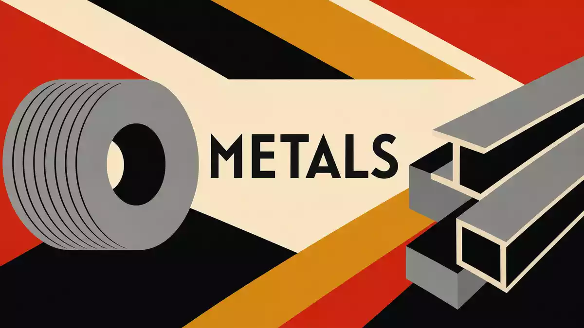 Bauhaus-Poster mit geometrischen Formen und Schriftzug METALS, Symbolbild für Klöckner & Co (DE000KC01000)