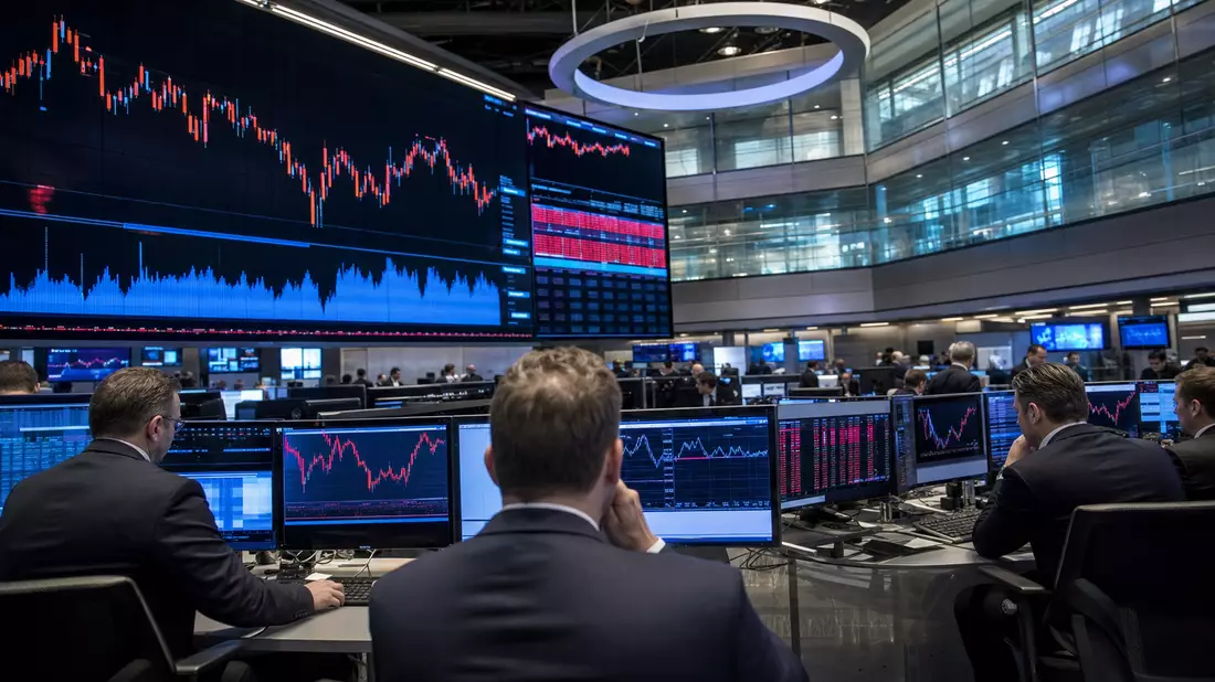 Editorialfoto eines Trading-Floors mit Börsencharts, Symbolbild für Klöckner & Co (DE000KC01000)