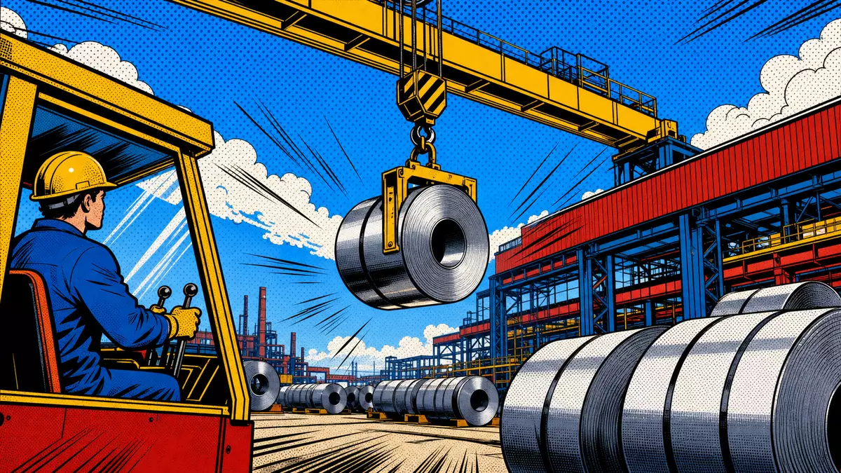 Pop-Art-Comic mit Kran und Stahlcoils im Werk, Symbolbild für Klöckner & Co (DE000KC01000)