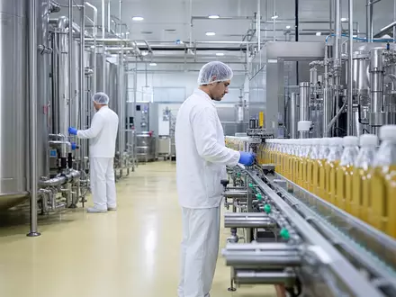 Fotorealistisches Bild einer Lebensmittelfabrik von Kraft Heinz, Aktie ISIN US5007541064, moderne Produktionslinie im Fokus - Foto: THN