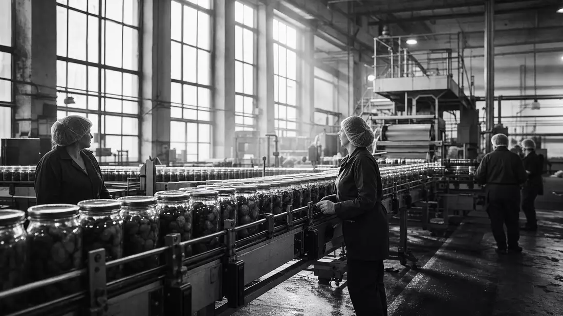 Schwarzweiß-Dokumentarfoto einer Industrieanlage mit Fließband und Arbeitern