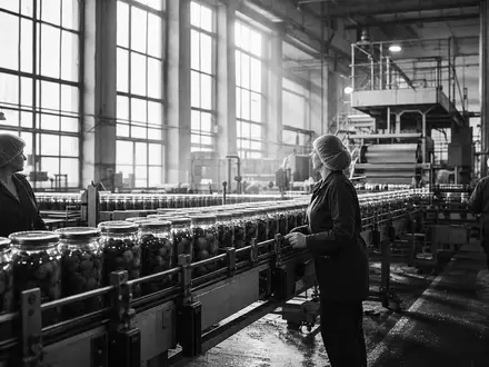 Schwarzweiß-Reportagefoto einer Fabrikhalle von Kraft Heinz, Aktie ISIN US5007541064, dokumentarischer journalistischer Stil - Foto: THN