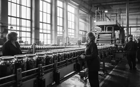 Schwarzweiß-Reportagefoto einer Fabrikhalle von Kraft Heinz, Aktie ISIN US5007541064, dokumentarischer journalistischer Stil - Foto: THN