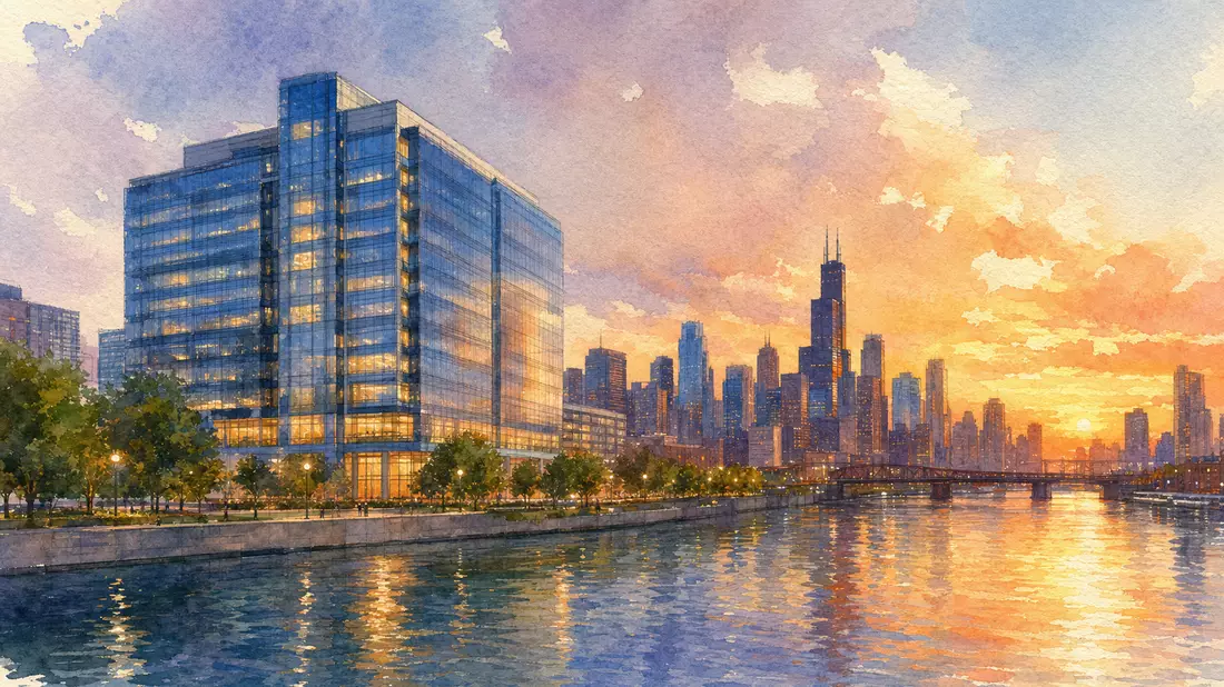 Aquarellbild einer Bürohochhaus-Skyline am Flussufer bei Sonnenuntergang