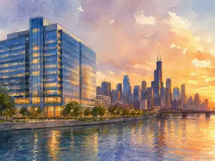 Aquarellmalerei der Firmenzentrale von Kraft Heinz, Aktie ISIN US5007541064, Skyline von Chicago im Hintergrund - Foto: THN
