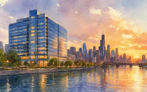 Aquarellmalerei der Firmenzentrale von Kraft Heinz, Aktie ISIN US5007541064, Skyline von Chicago im Hintergrund - Foto: THN
