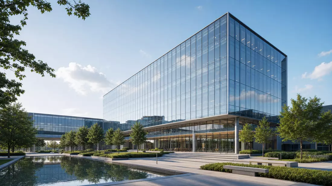 3D-Architekturvisualisierung eines modernen Glas-Bürohochhauses am Wasser