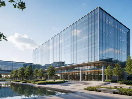 Architektonisches 3D-Render eines Bürogebäudes für Kraft Heinz, Aktie ISIN US5007541064, moderne Glasfassade - Foto: THN